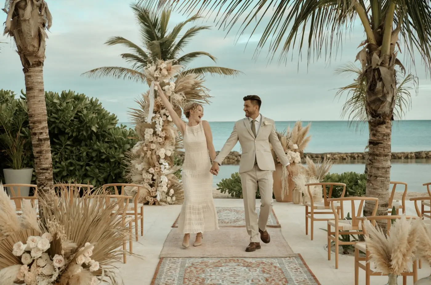 A beautiful beach wedding setup at sunset